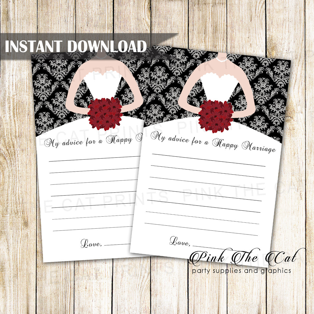 Burgundy Pink Damask Recipe Card Printable Instant Download 