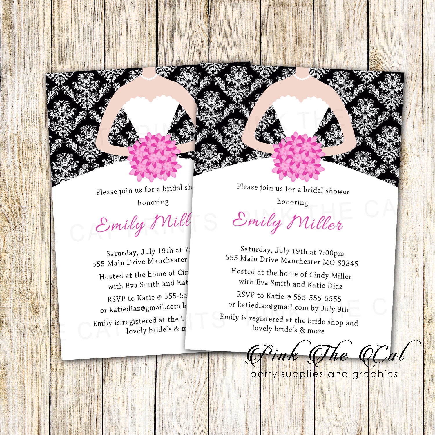 Black Pink Bridal Shower Invitation Damask Printable Personalized