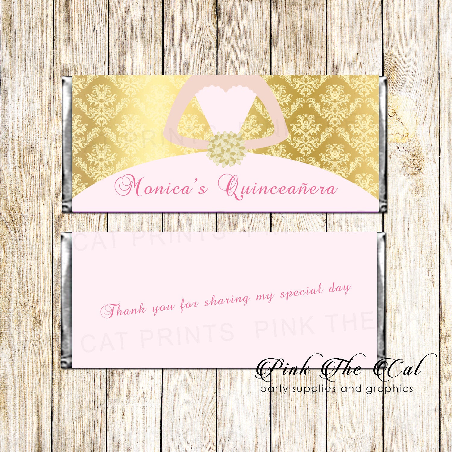 30 Candy Bar Wrappers Quinceanera Bridal Shower Gold Pink