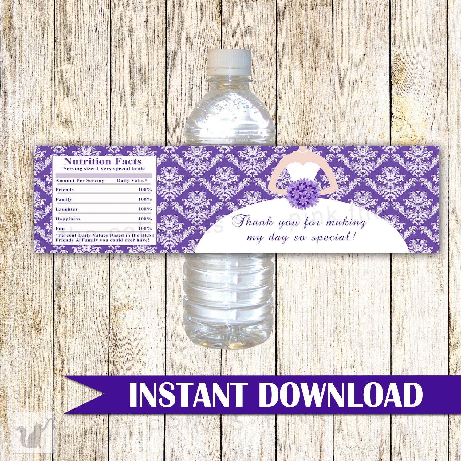 Purple Dress Damask Bottle Label Bridal Shower