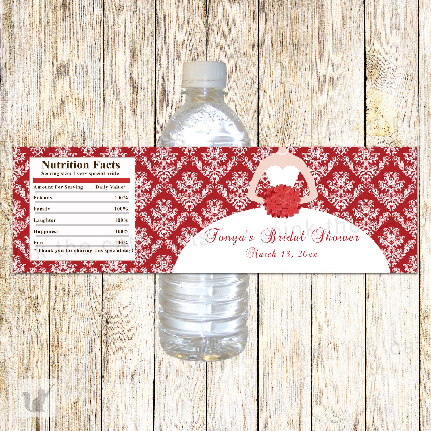 Red White Dress Bottle Label Weeding Bridal Shower