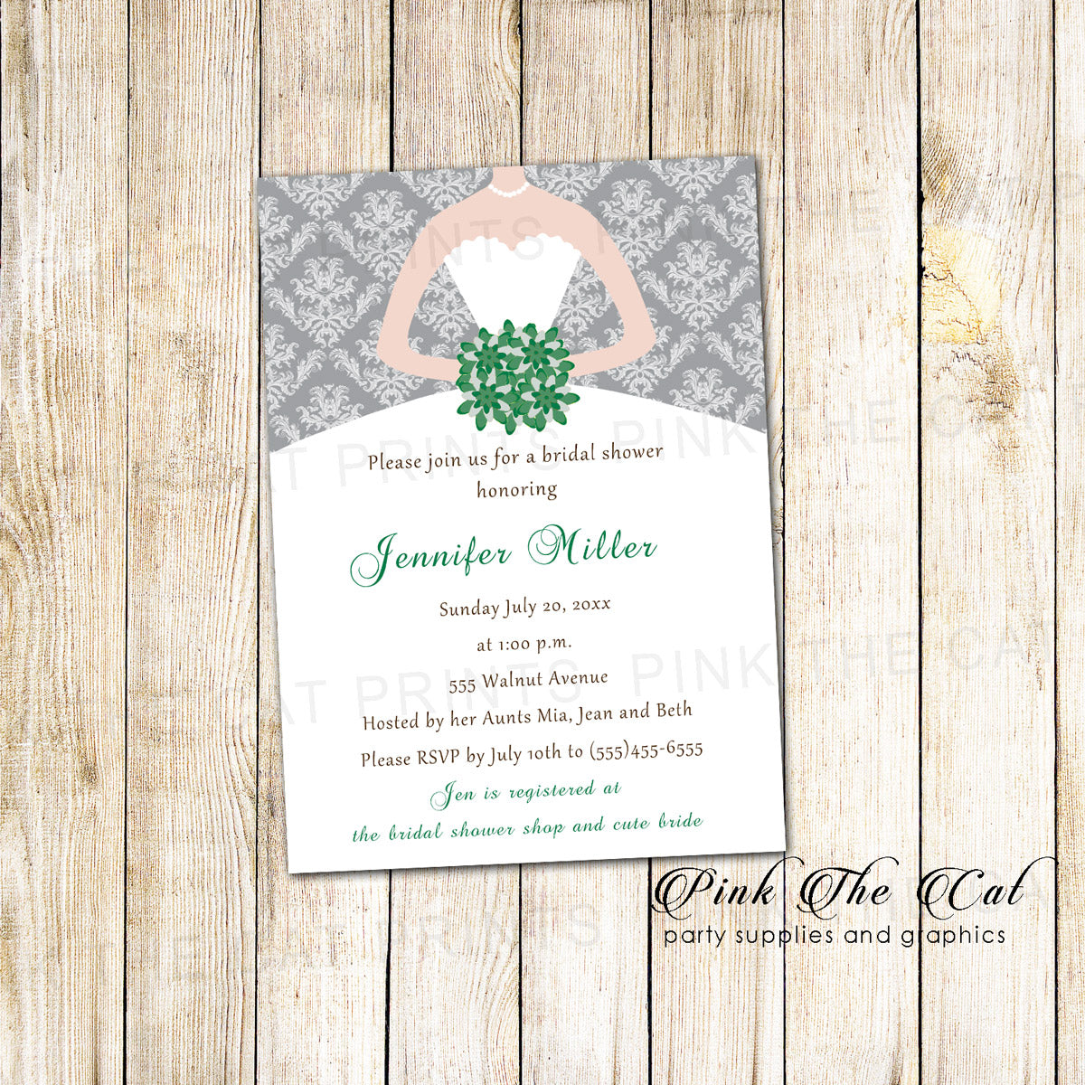 Pewter Green Bridal Shower Invitation Damask Printable
