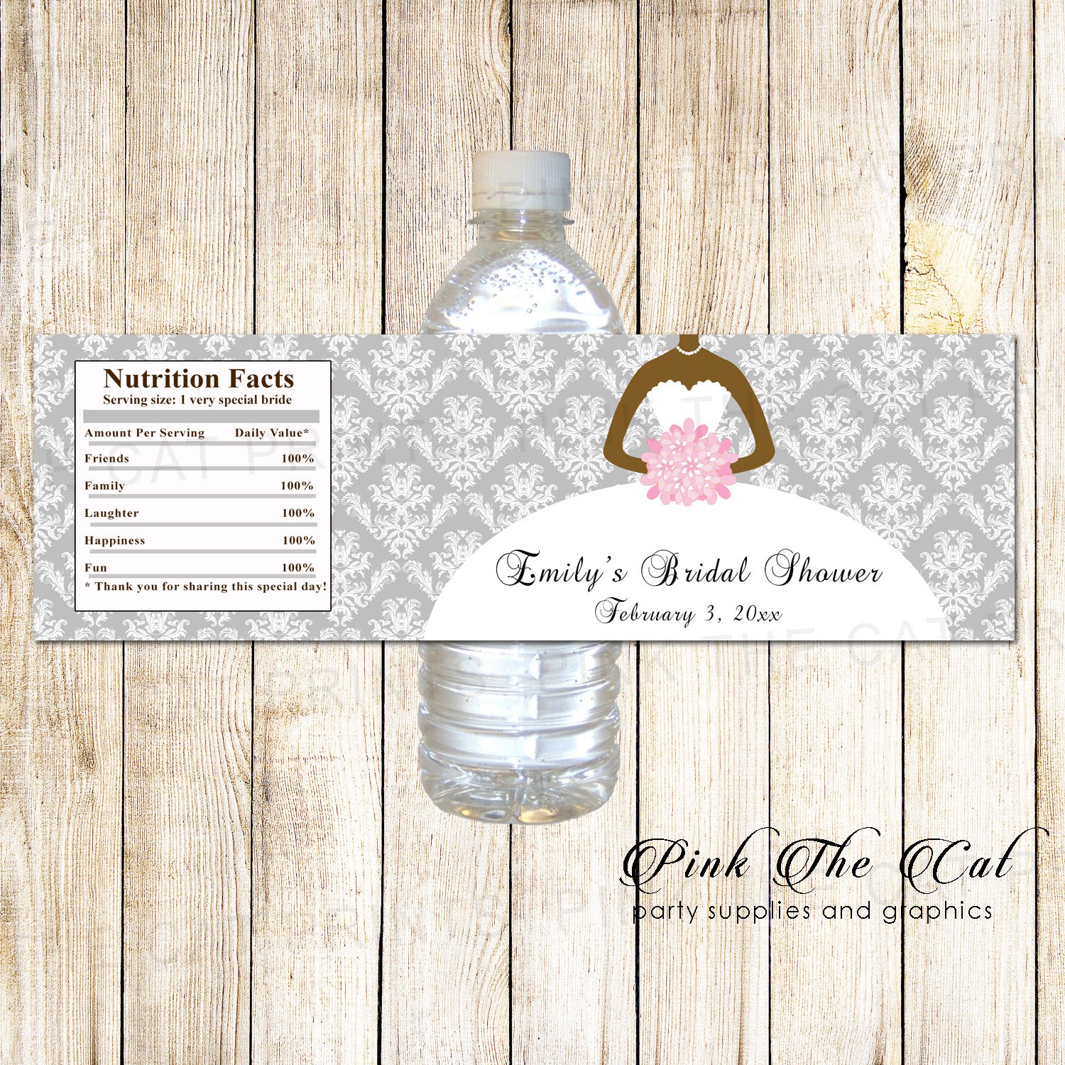 30 Bottle Labels Bridal Shower African American Silver Pink
