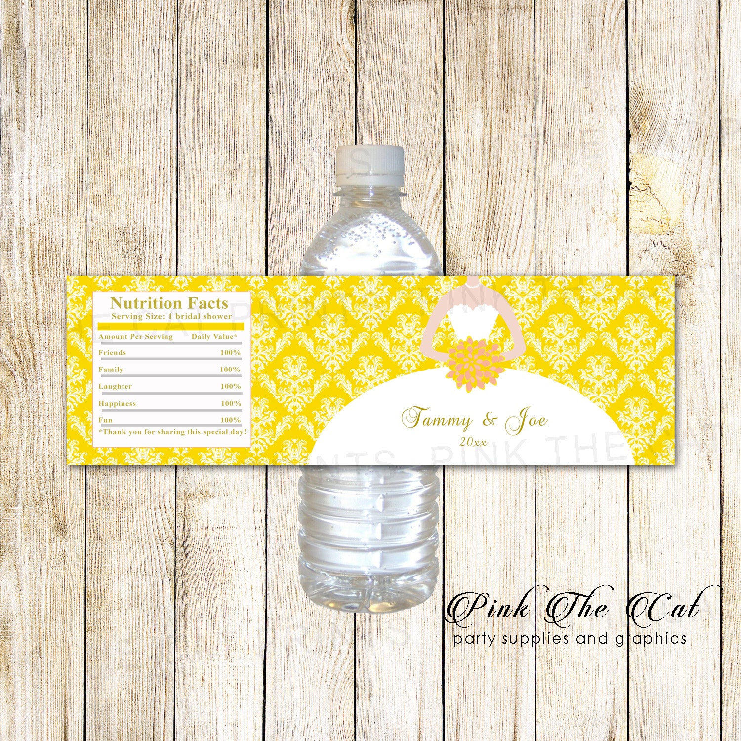 30 Bottle Labels Bridal Shower Yellow White Dress Damask