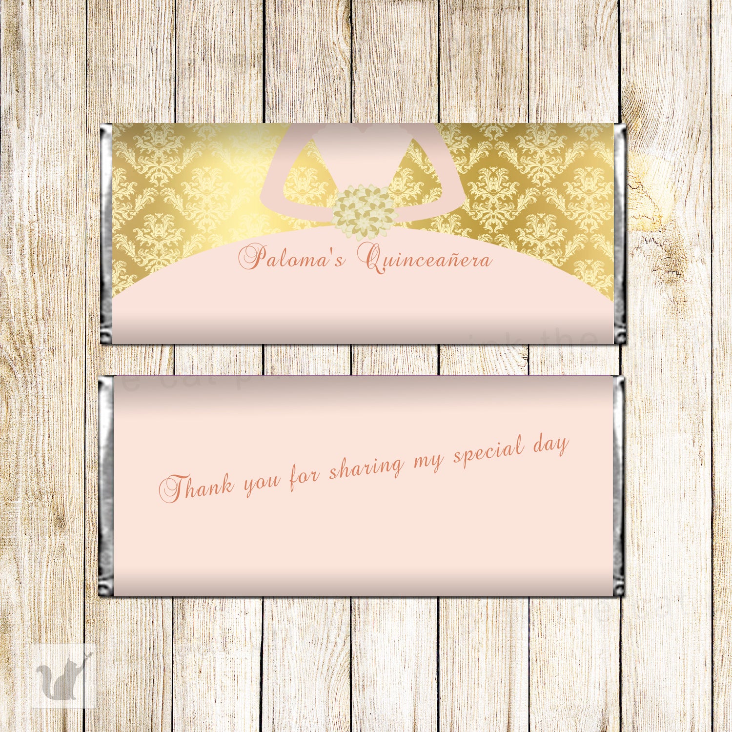 Printable candy bar quinceañera bush pink gold personalized dress