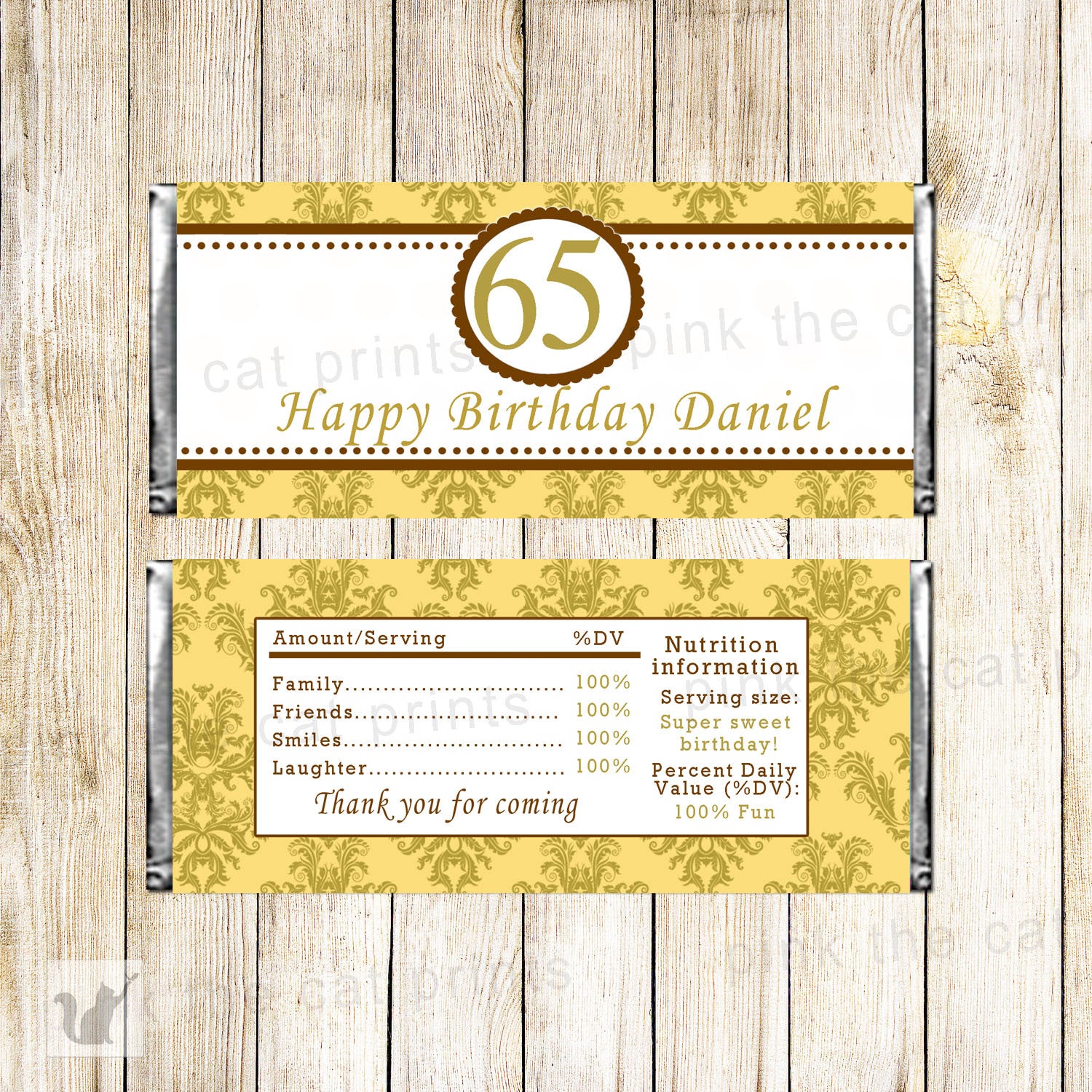 Gold Brown Damask Adult Birthday Candy Bar Label Wrapper
