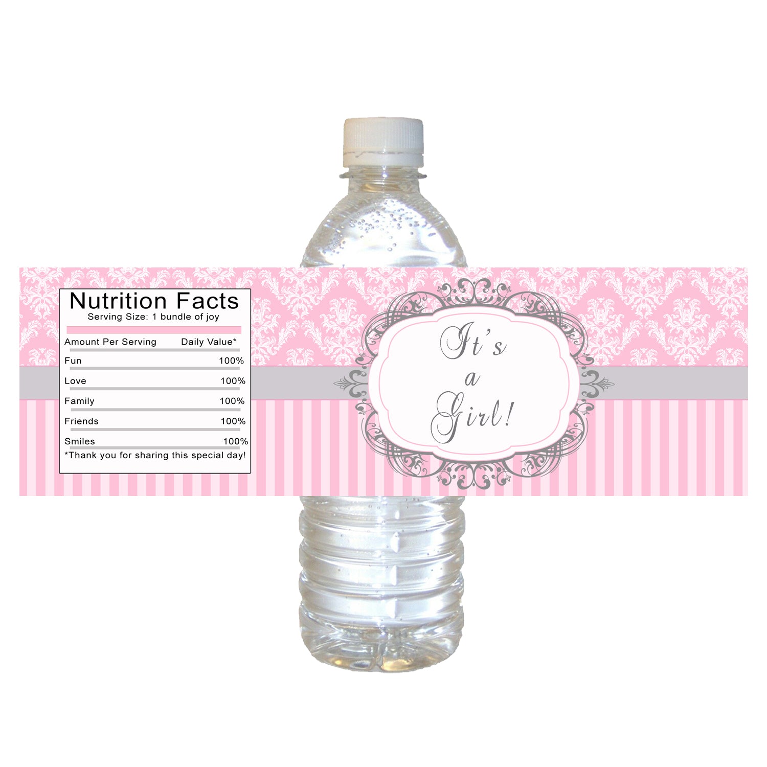 30 bottle labels girl baby shower pink grey damask stripes