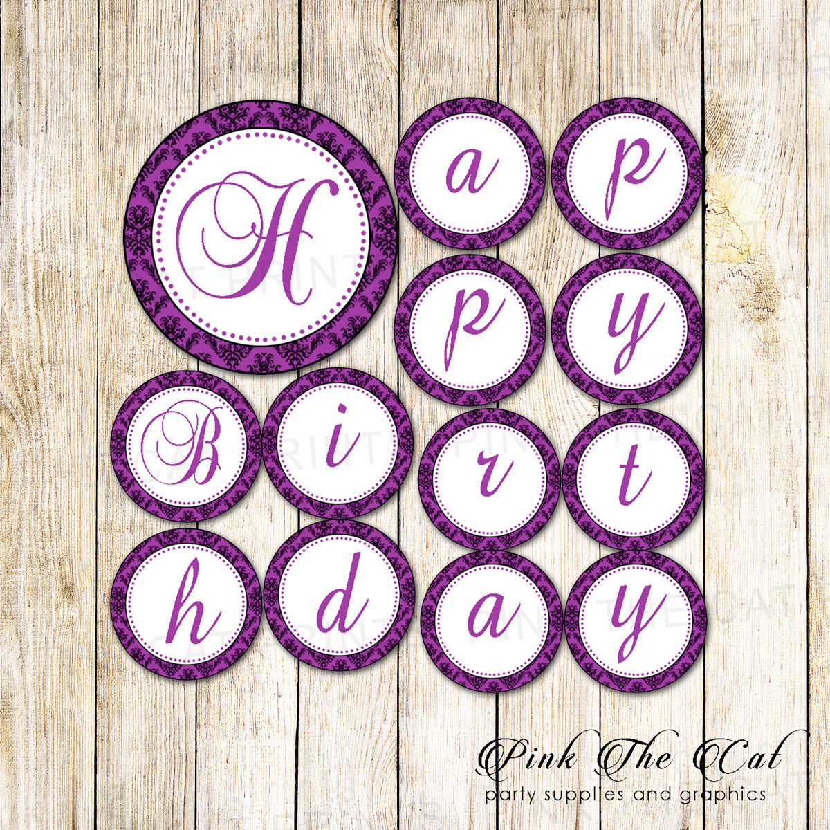 damask purple black happy birthday banner