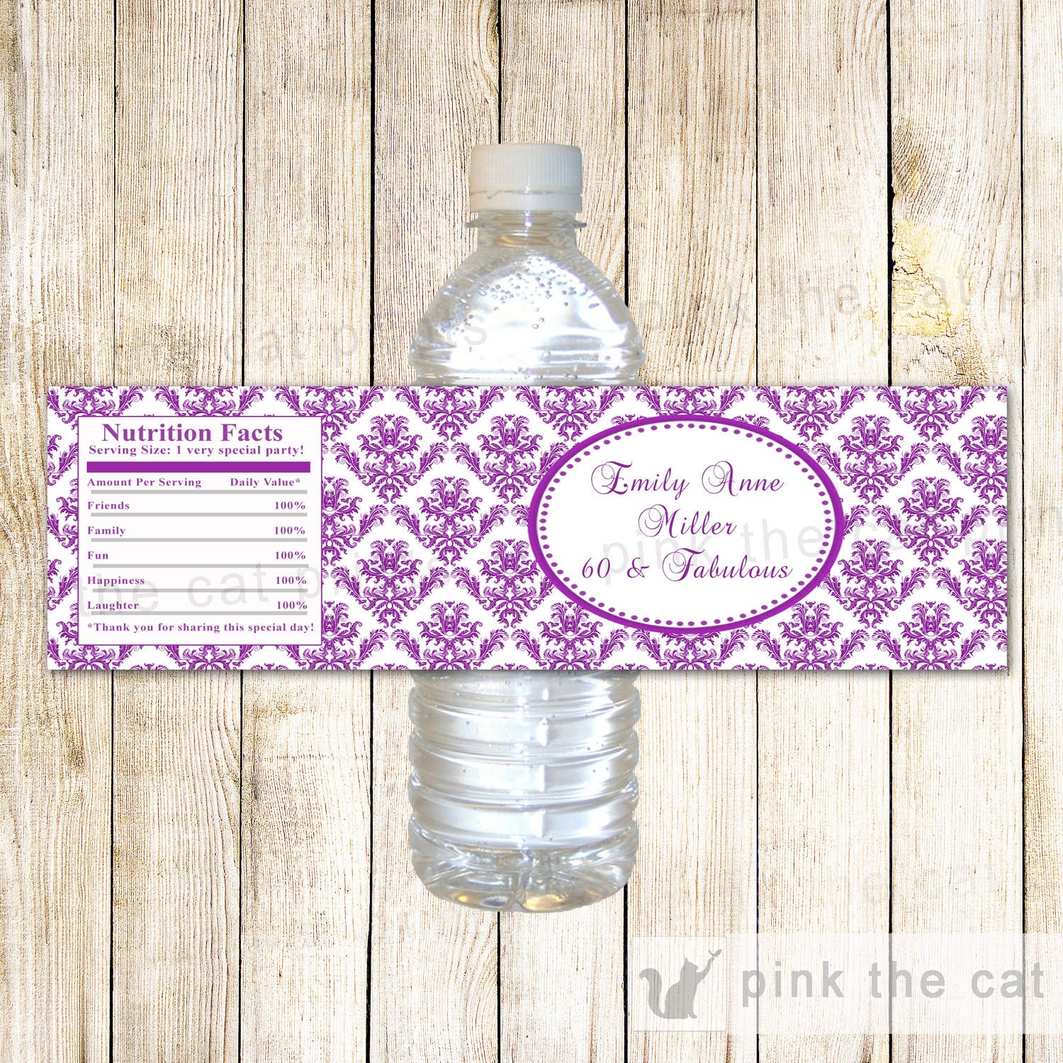 Purple Damask Bottle Label Wrapper Adult Birthday Bridal Shower
