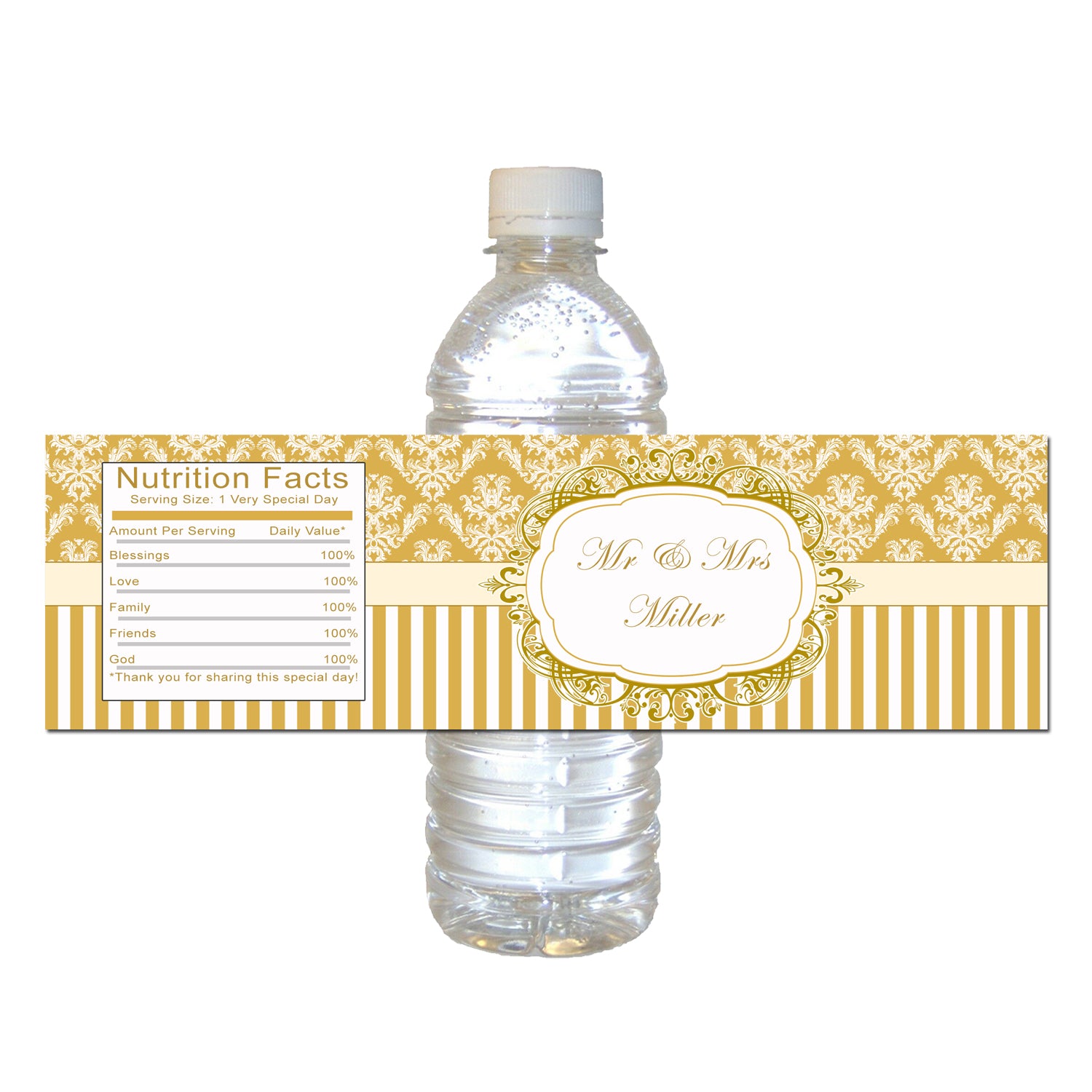 Gold Bottle Labels Stripes Damask Bridal Shower Wedding