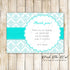 Turquoise Damask Thank You Card Note Birthday Bridal Shower