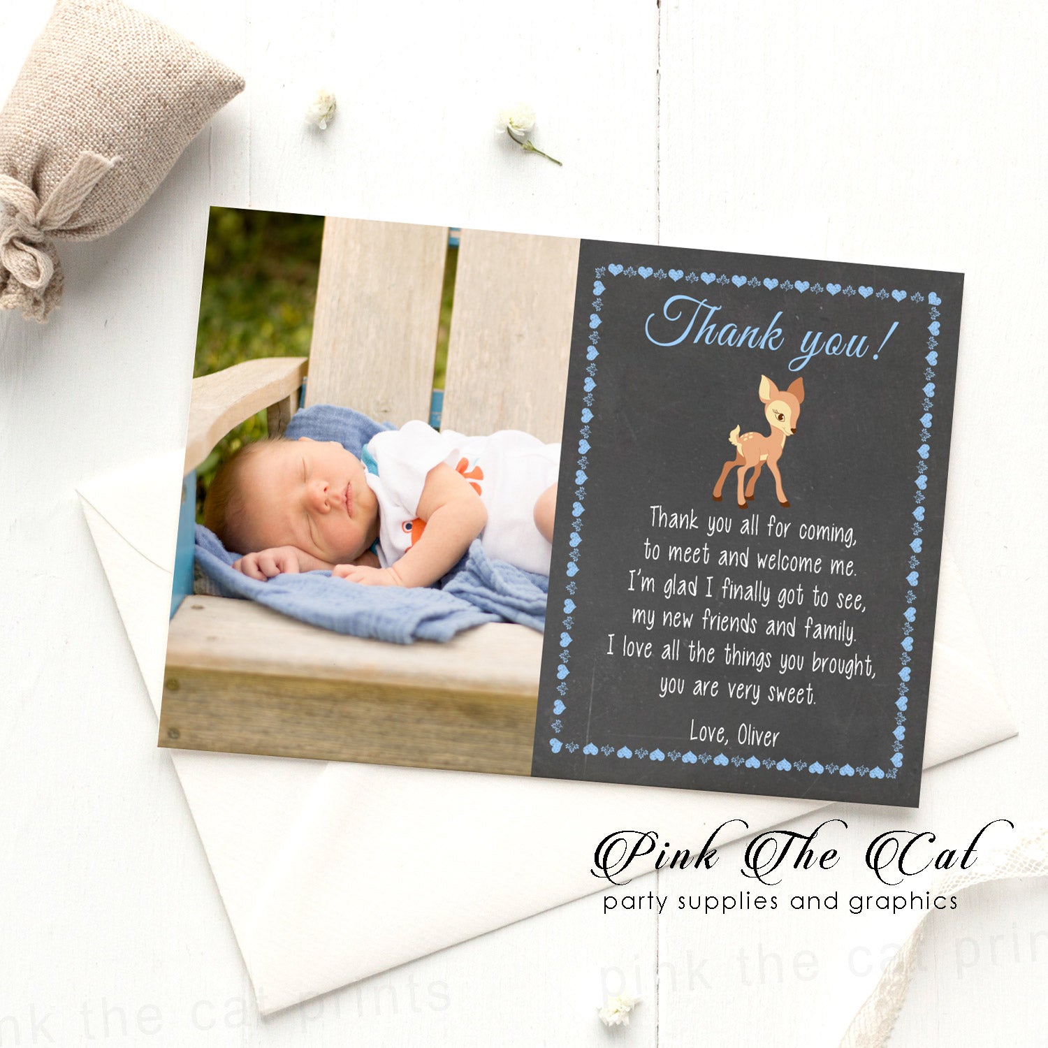 Deer thank you card blue black with photo printable