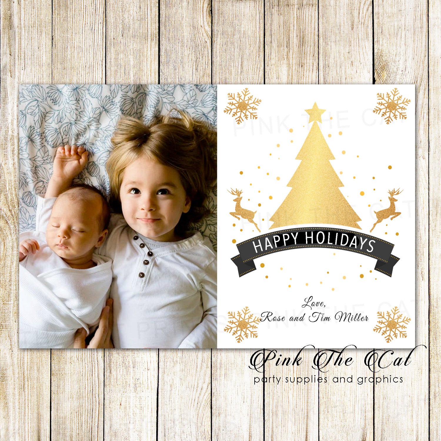Holiday christmas greeting cards with photo golden tree printable