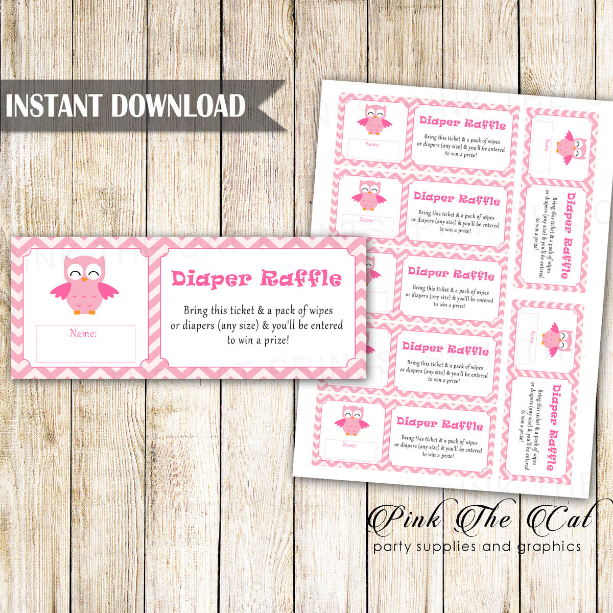 Diaper Raffle Baby Girl Shower Pink Owl Printable Instant Download