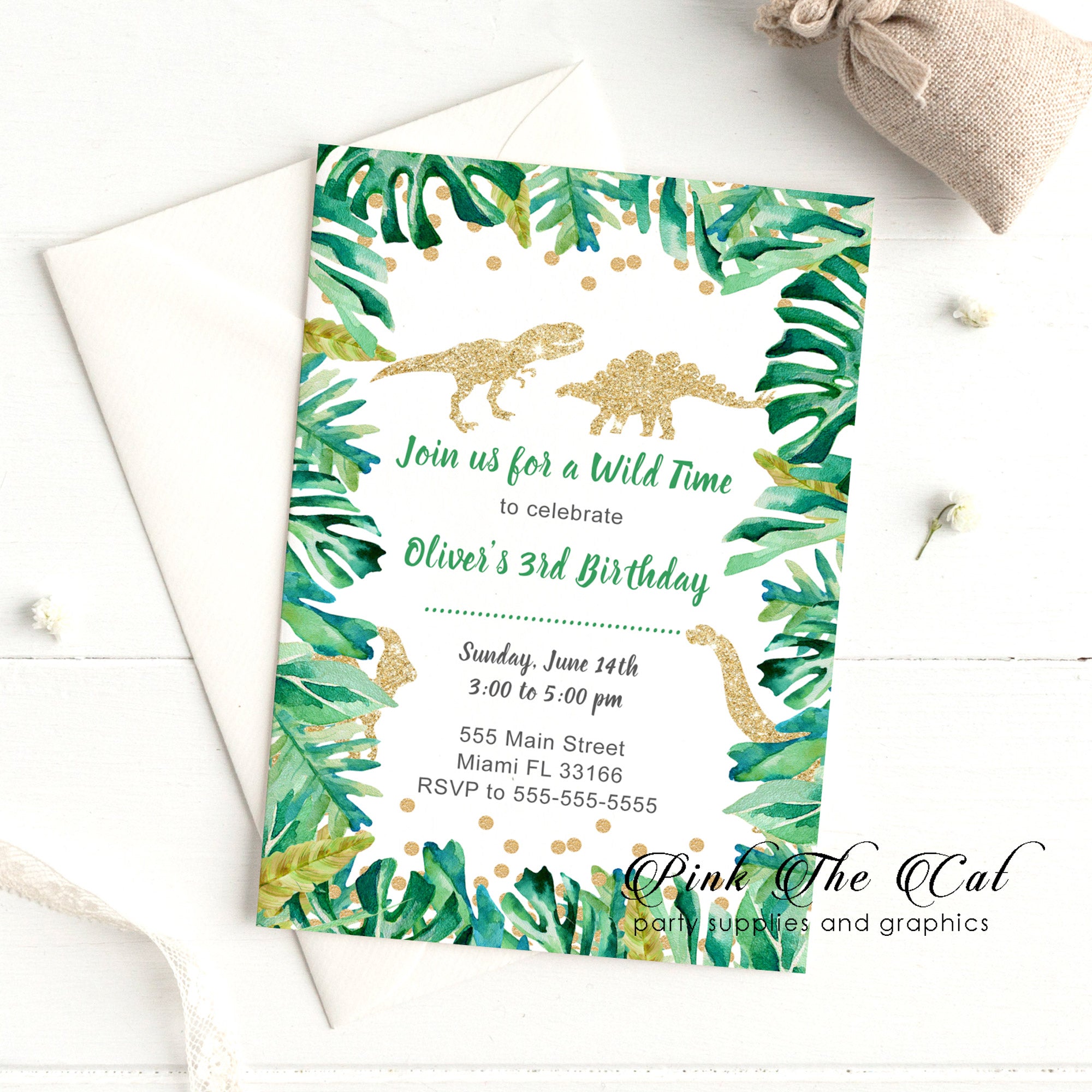 Dinosaur wild green gold invitation printable