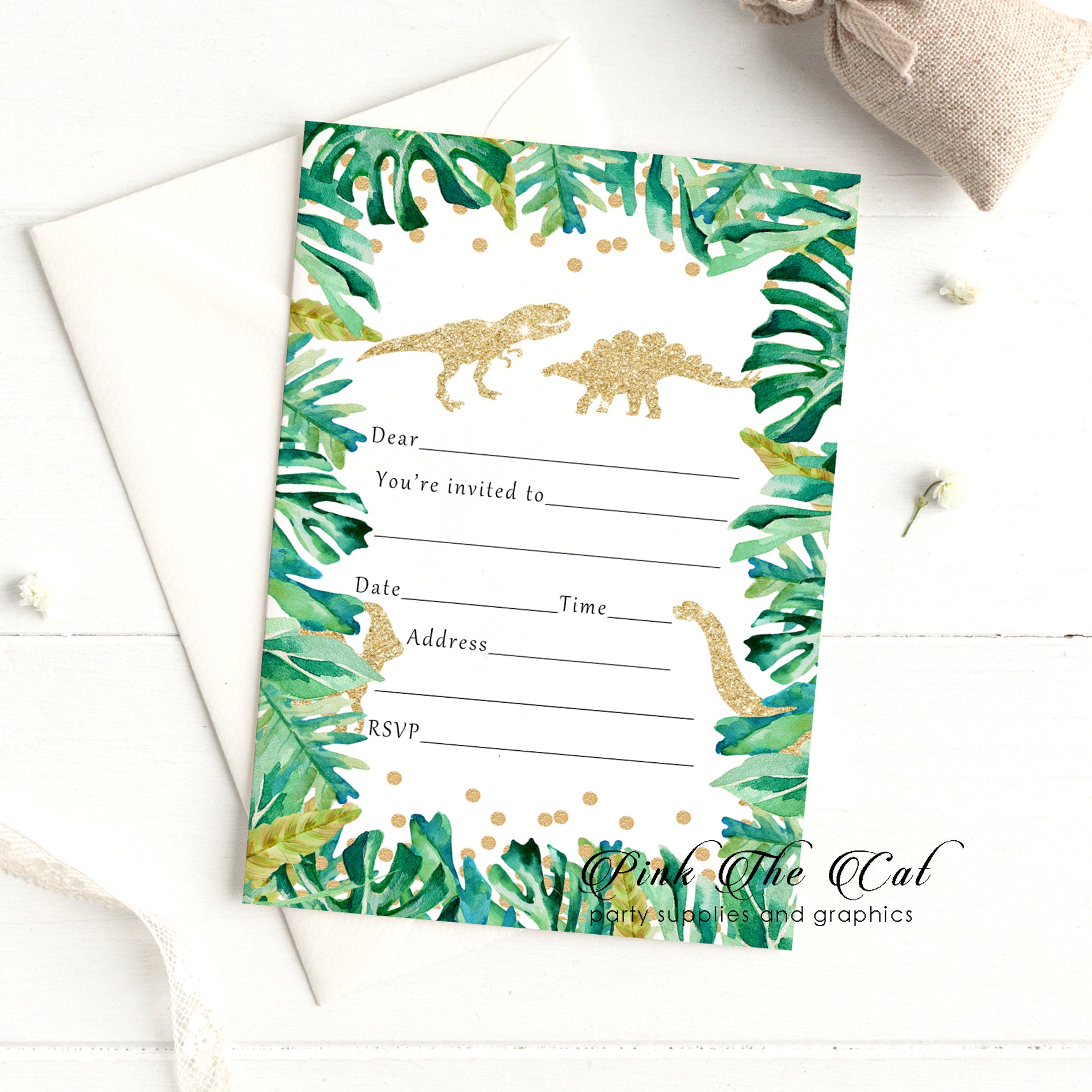 Dinosaur green gold birthday invitations (30 cards)