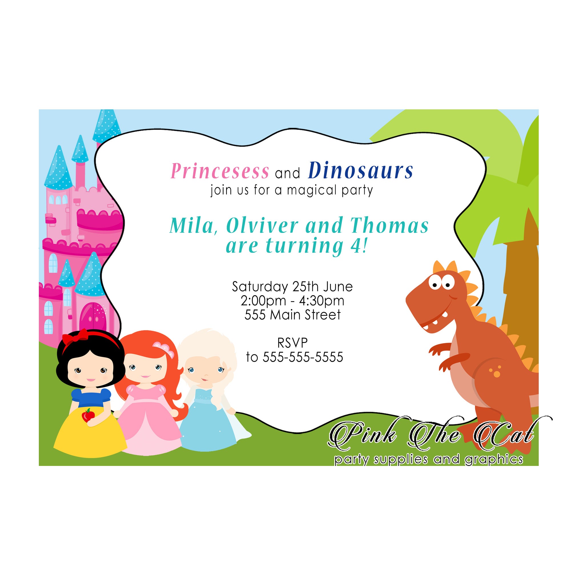 30 Dinosaur princesses invitations kids birthday gender neutral