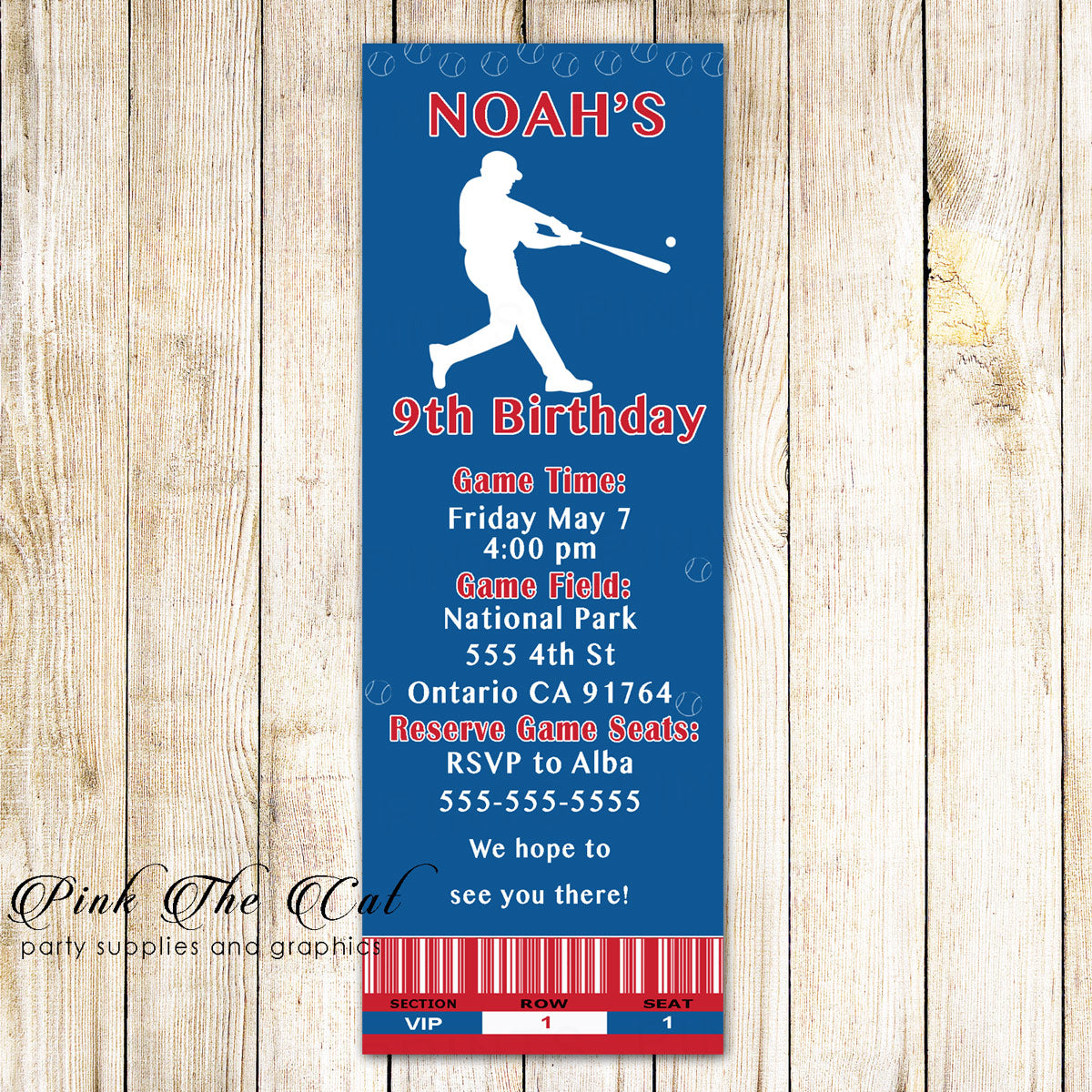 Baseball ticket invitation blue red printable