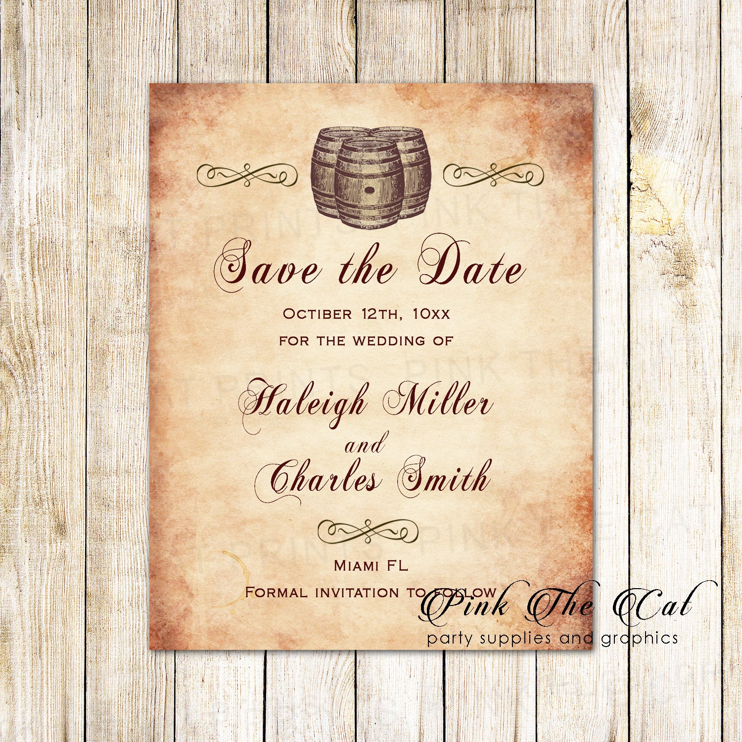 Rustic wine barrel save the date cards wedding printable