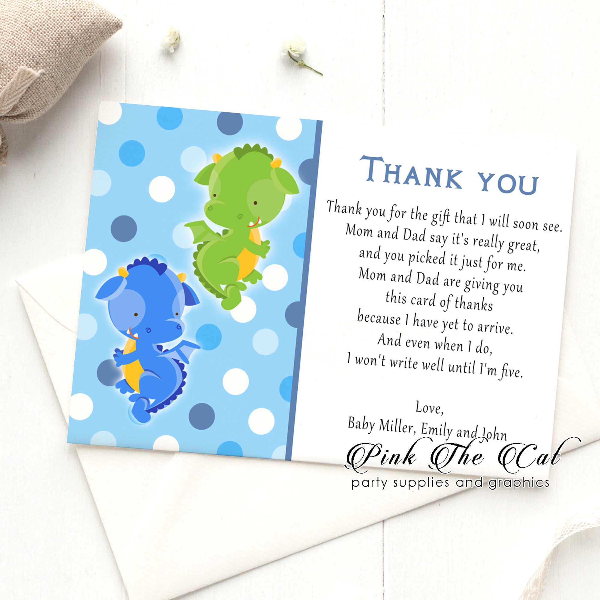 Dragon thank you card green blue twins baby shower printable