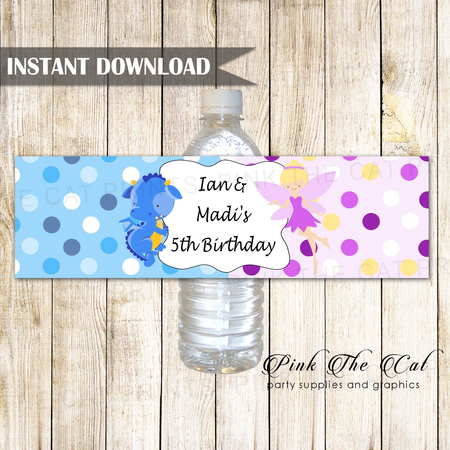 Fairy Dragon Bottle Label Wrapper Kids Birthday Purple Printable
