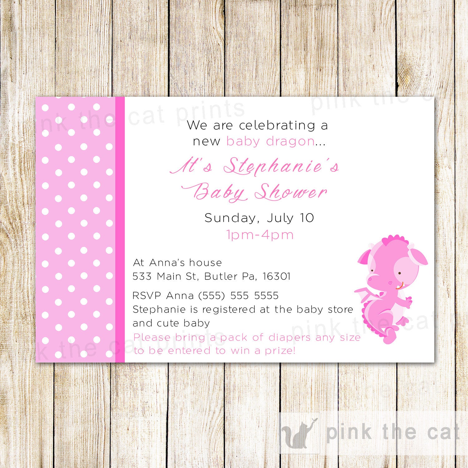Pink Dragon Invitation Girl Birthday Baby Shower