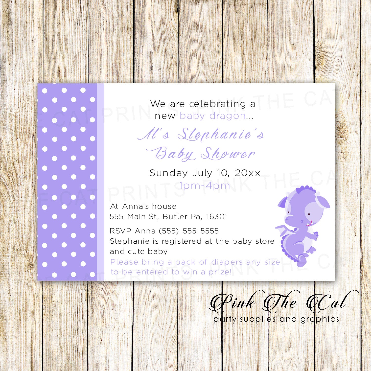 30 invitations girl dragon birthday baby shower lavender