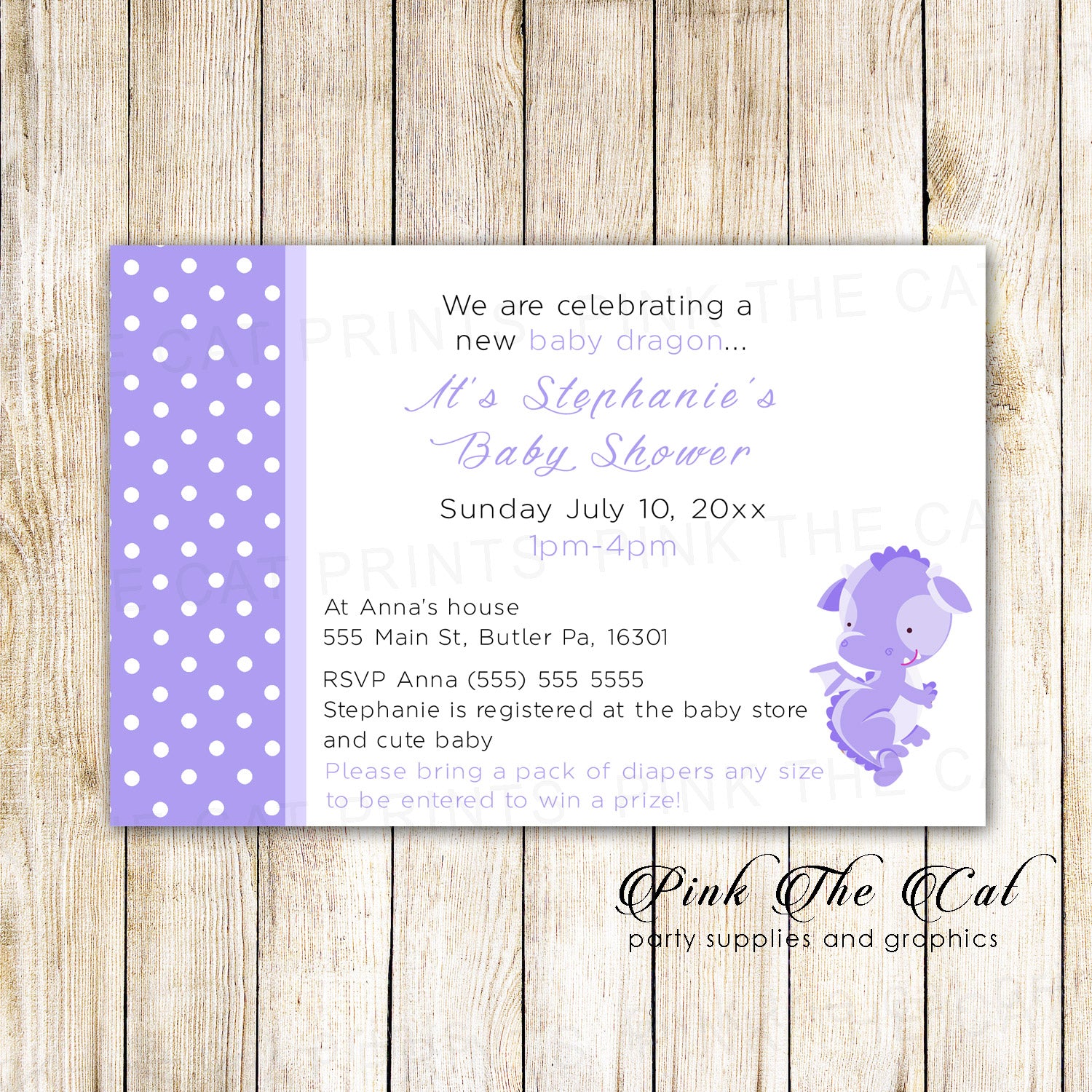 Dragon invitations girl birthday baby shower lavender printable