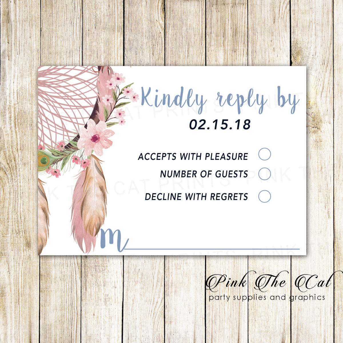 Dreamcatcher Tribal Wedding RSVP Card Blue Pink Printable