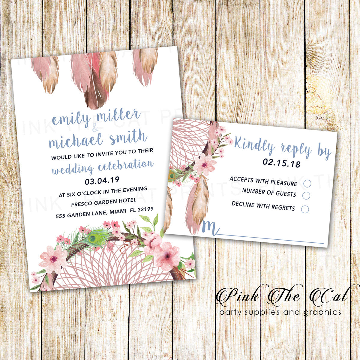 100 Printed Dreamcatcher Wedding Invitations & RSVP Cards