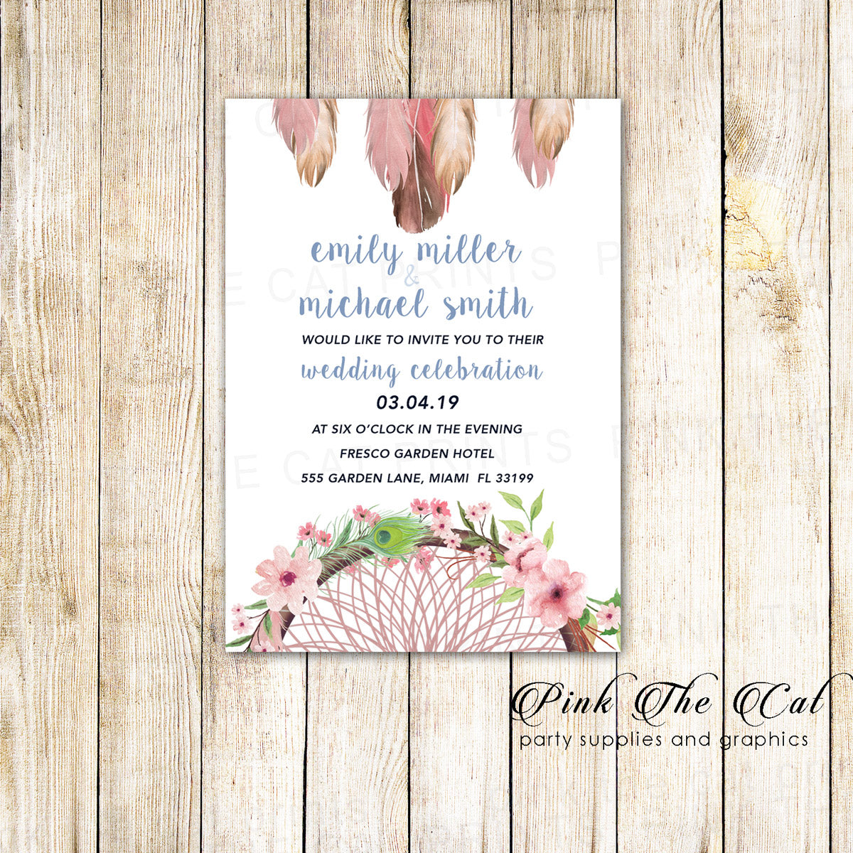 100 Dreamcatcher Wedding Invitation Cards Blush Pink Feathers