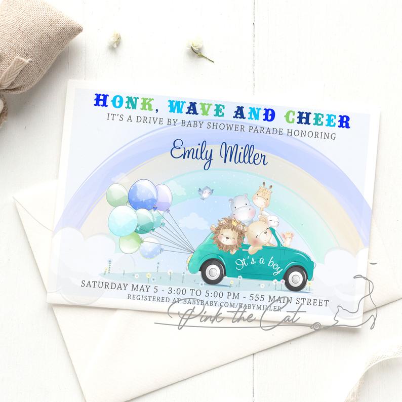 Drive by jungle baby shower invitation boy