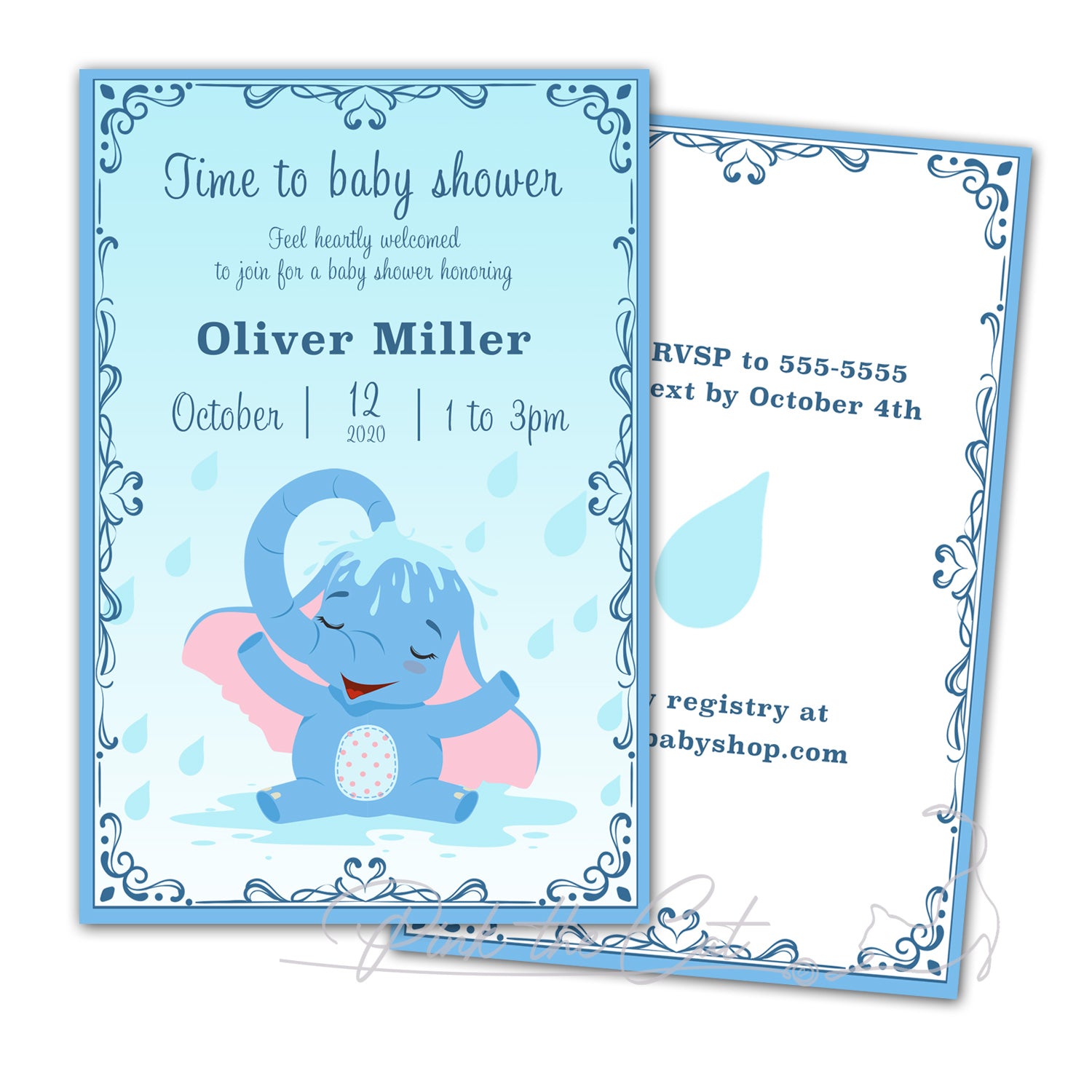 Elephant showering invitation blue