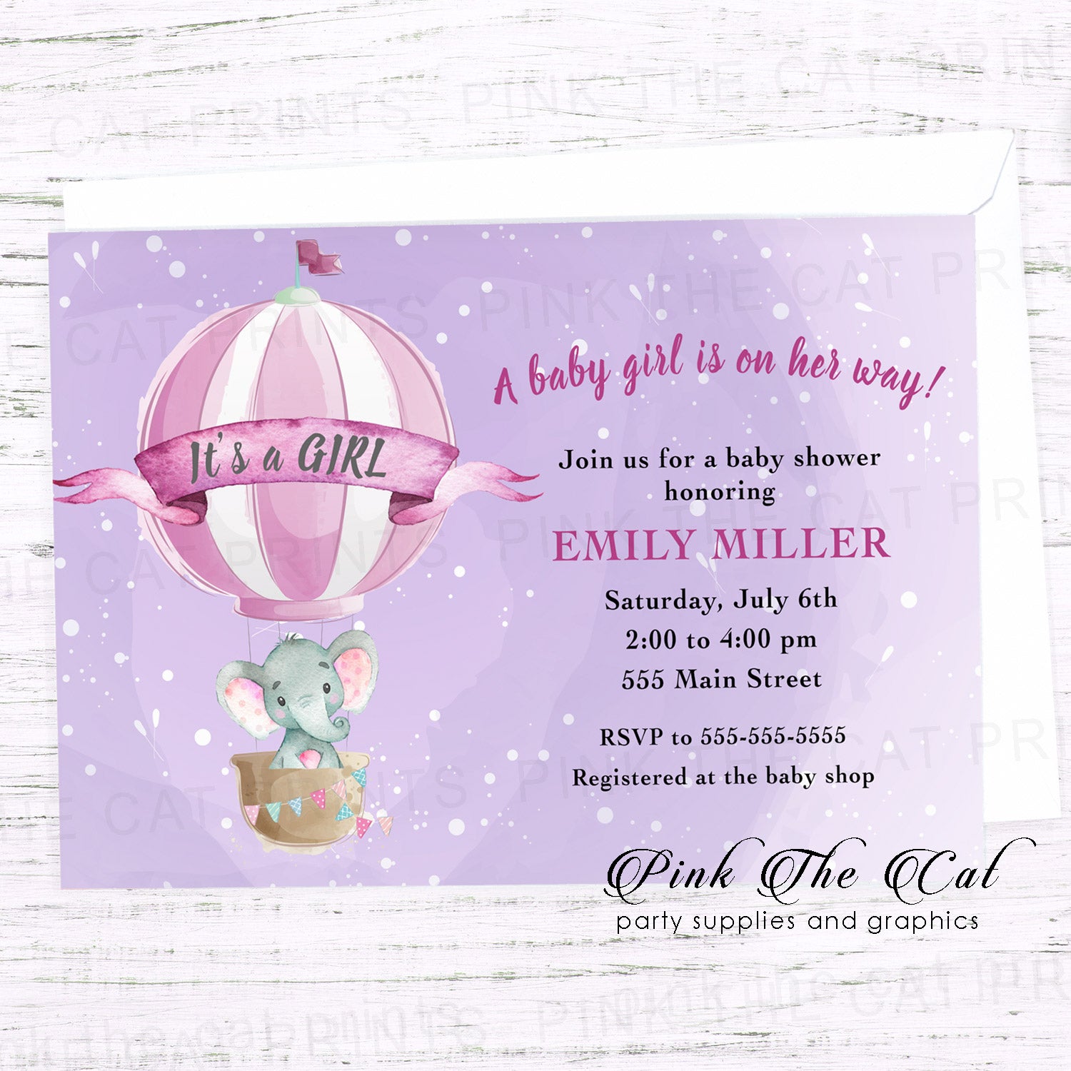 Elephant hot air balloon invitation printable purple personalized for girl