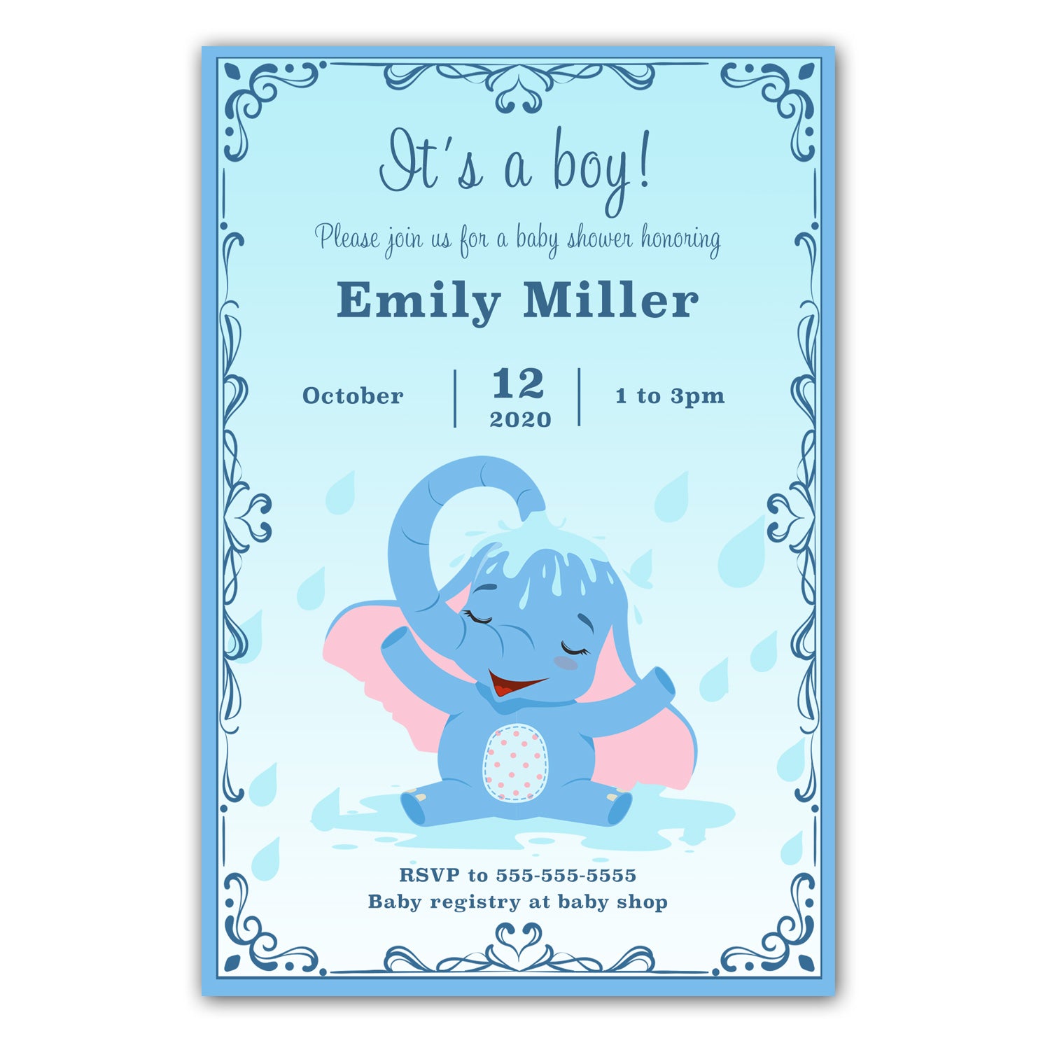 Elephant showering invitation blue