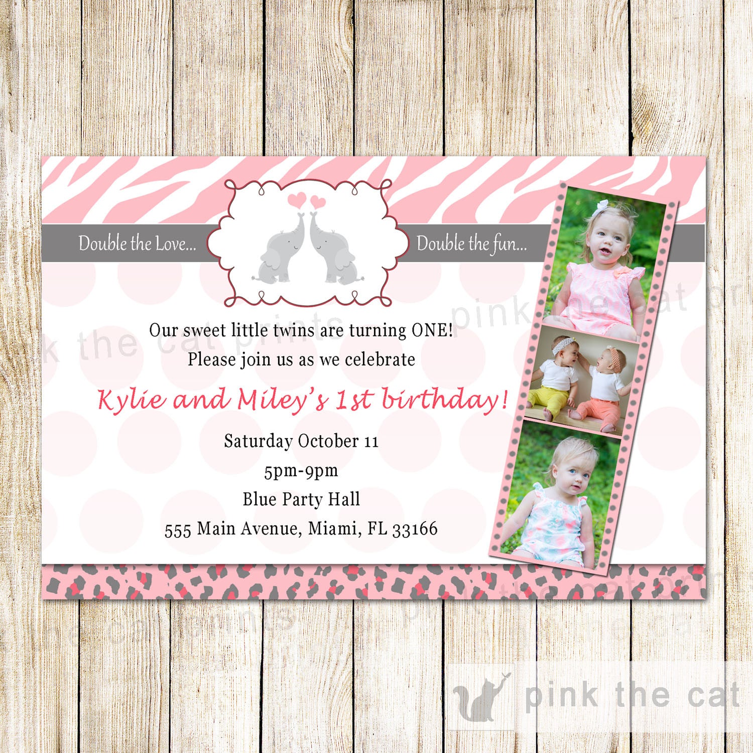 Elephant Invitation Twin Girls Birthday Party Pink Grey Photo Card