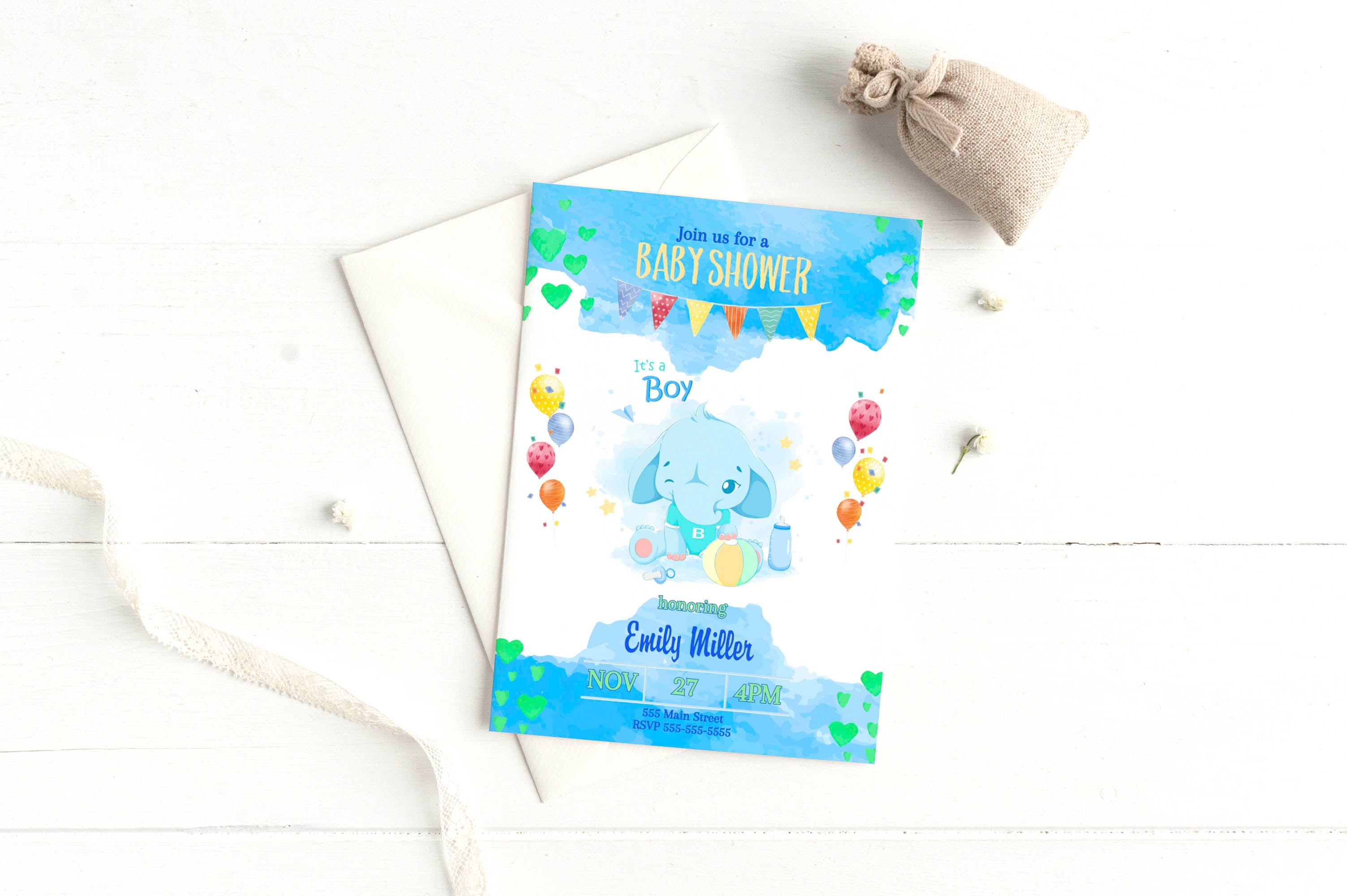 Elephant its a boy baby shower invitation