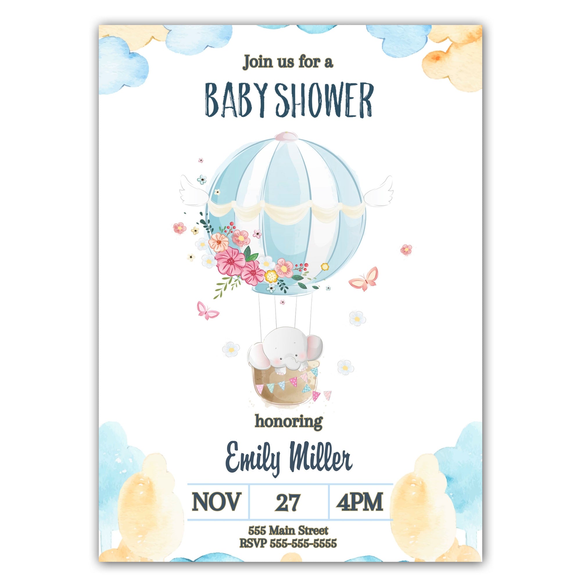 Elephant balloon blue baby shower invitation