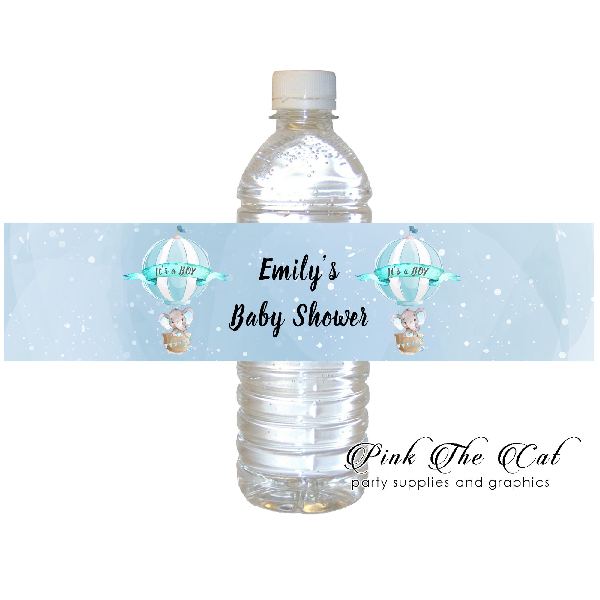 Elephant balloon blue bottle label baby shower favors (set of 30)