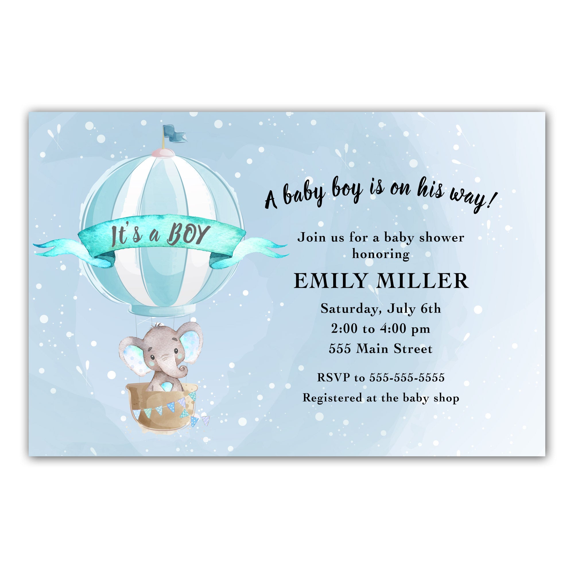 Elephant hot air balloon invitation printable blue
