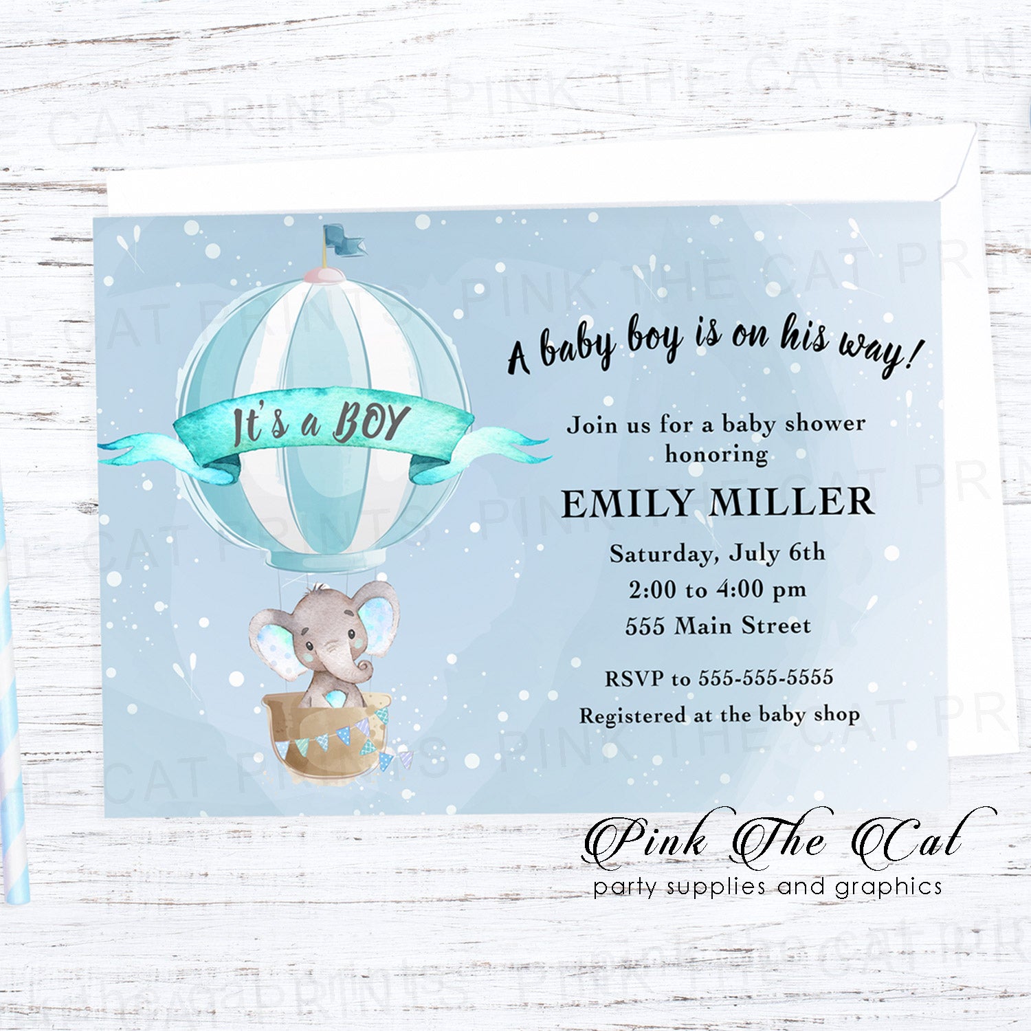 Elephant hot air balloon invitation printable blue personalized for boys