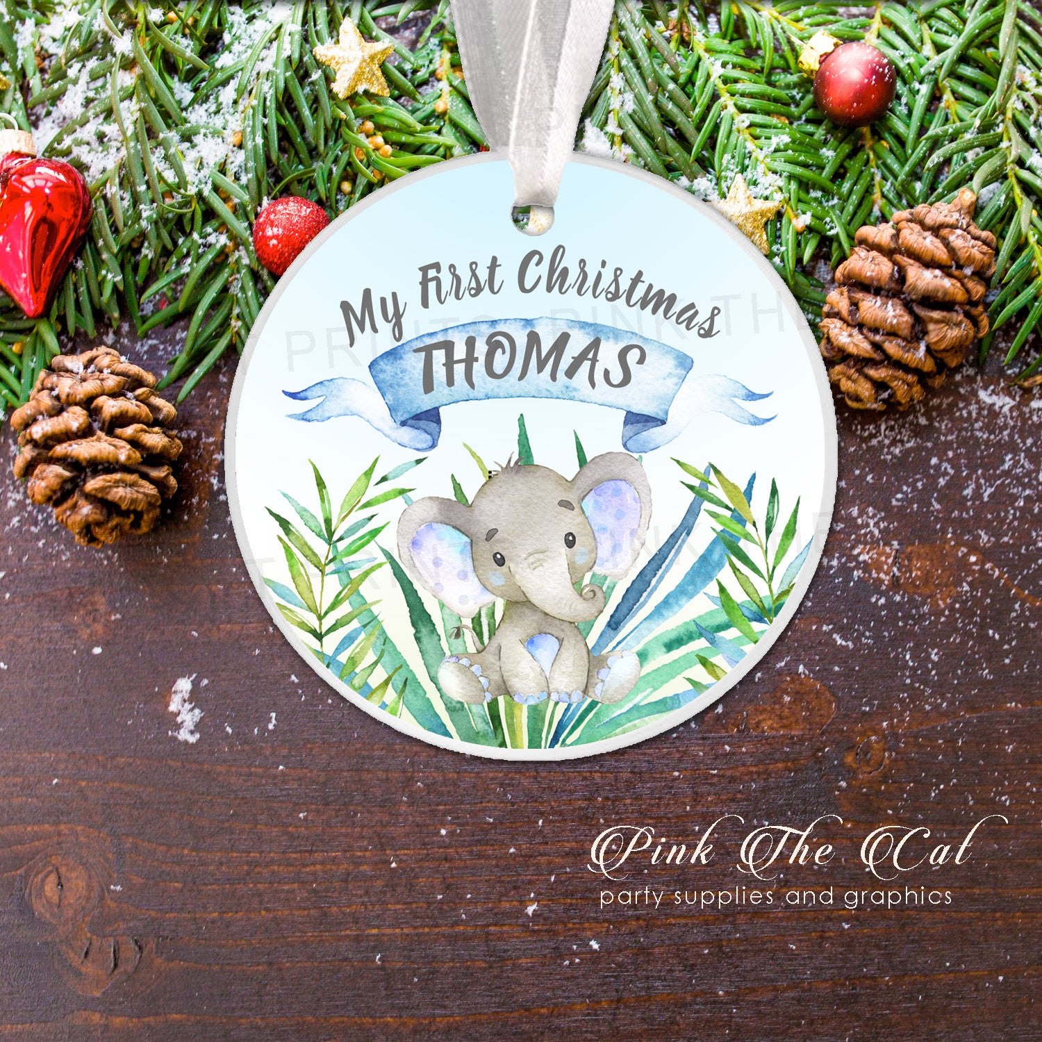 Personalized christmas tree ornament kids boy elephant
