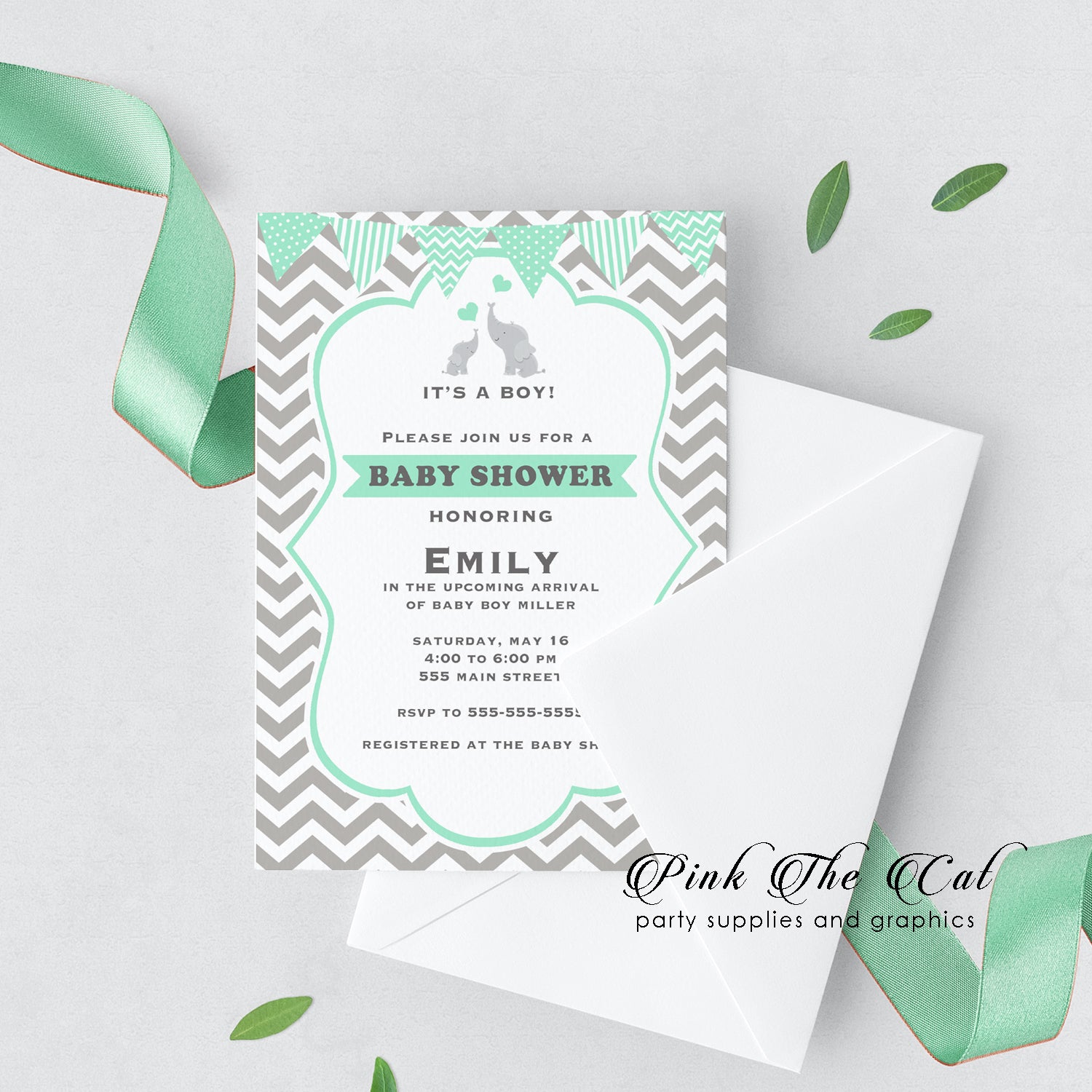 Elephant invitation baby shower mint green silver printable 