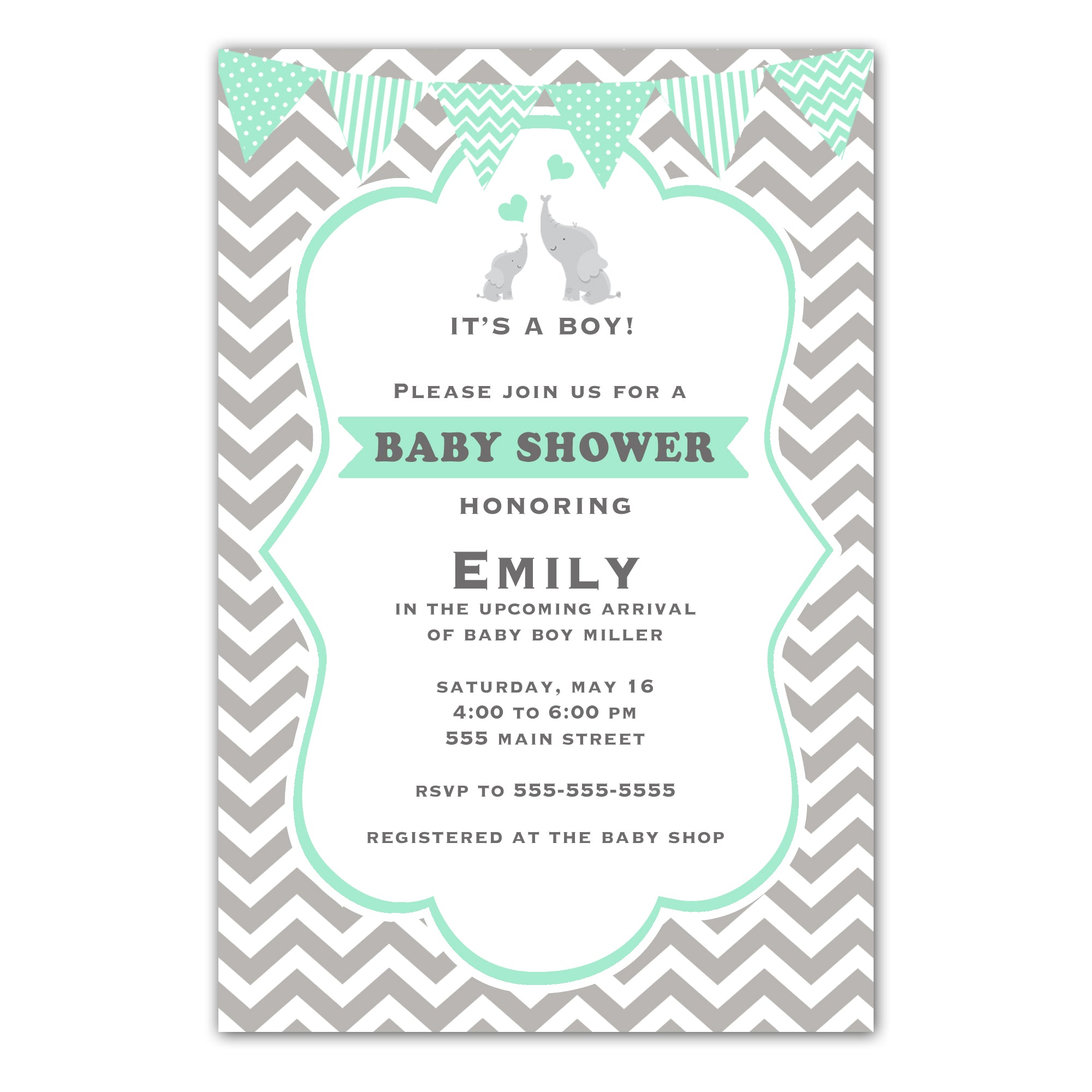 30 elephant invitations mint green silver