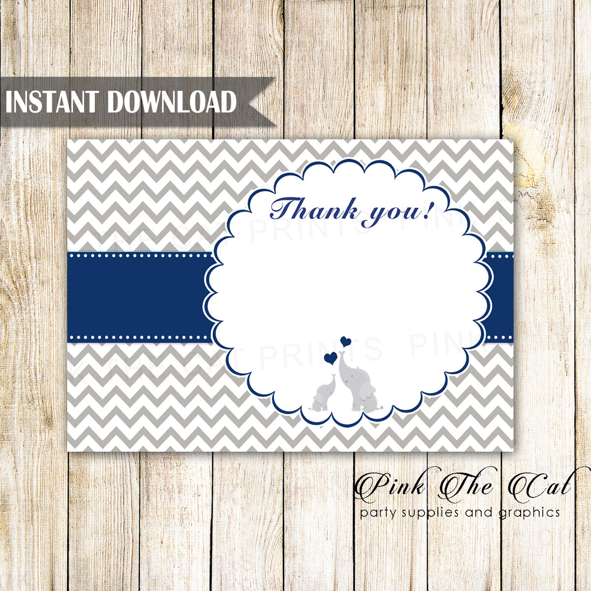 Elephant Thank You Card Blank Navy Blue Silver Printable
