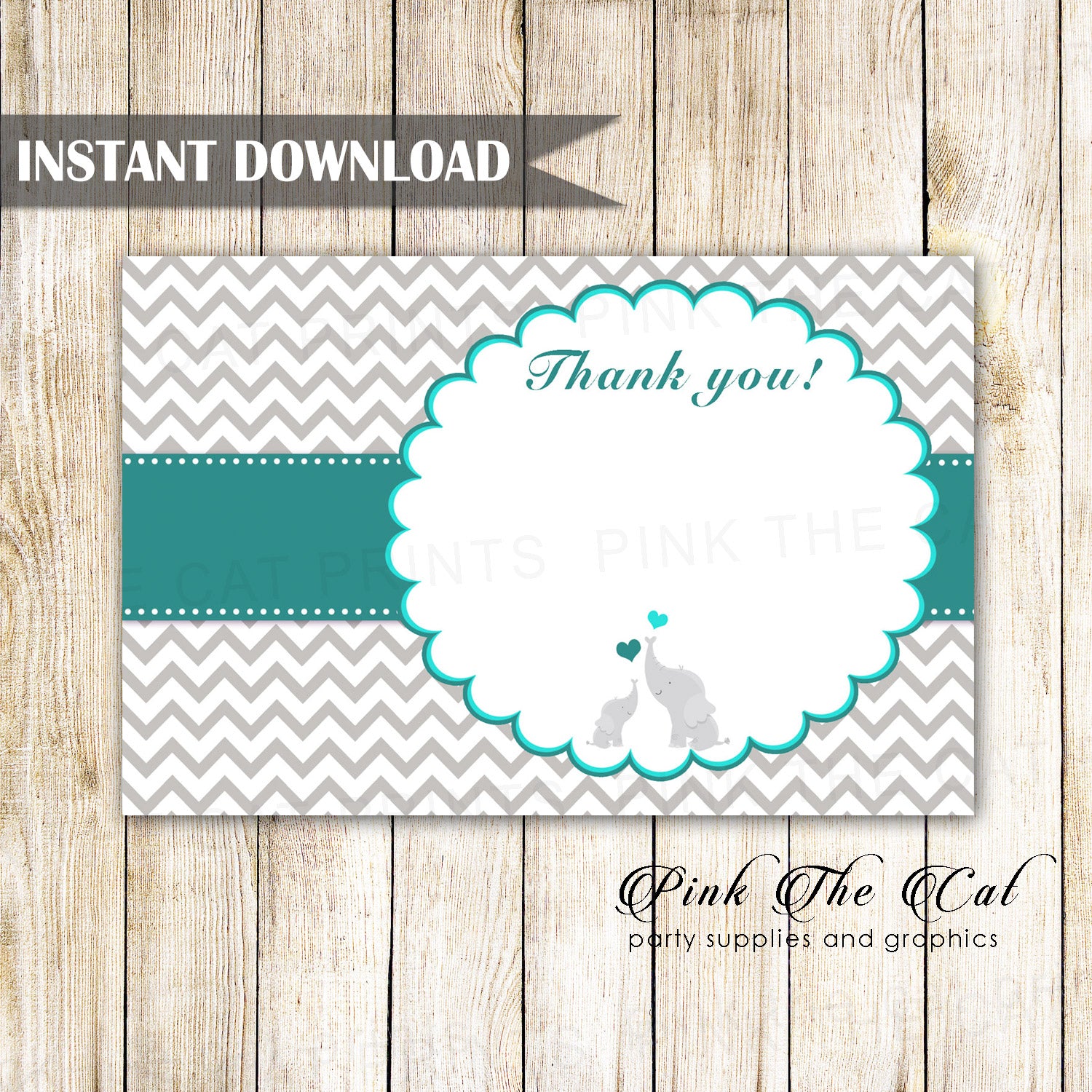 Blank Elephant Thank You Card Teal Silver Printable Baby Shower Notes