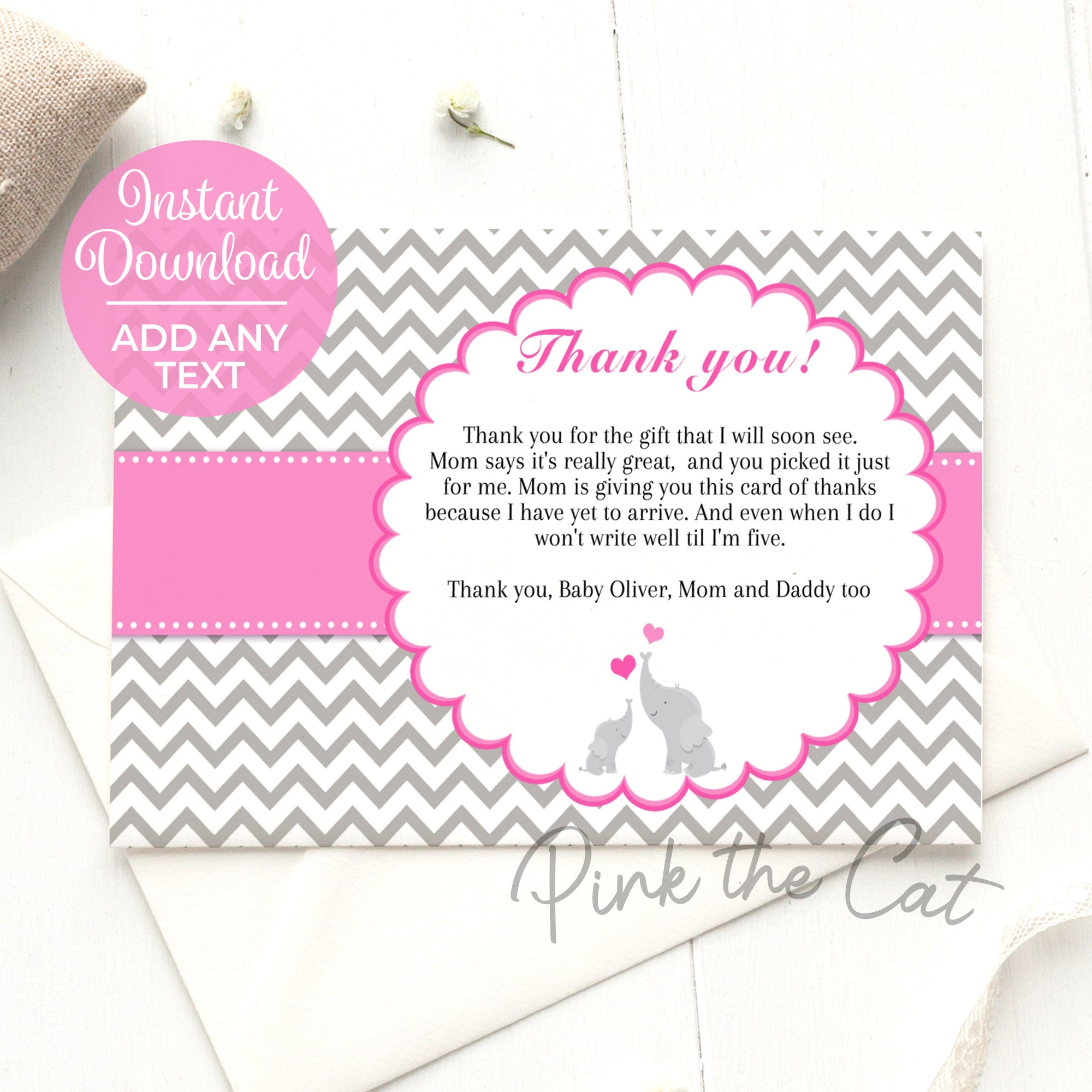 Elephant baby shower thank you card pink