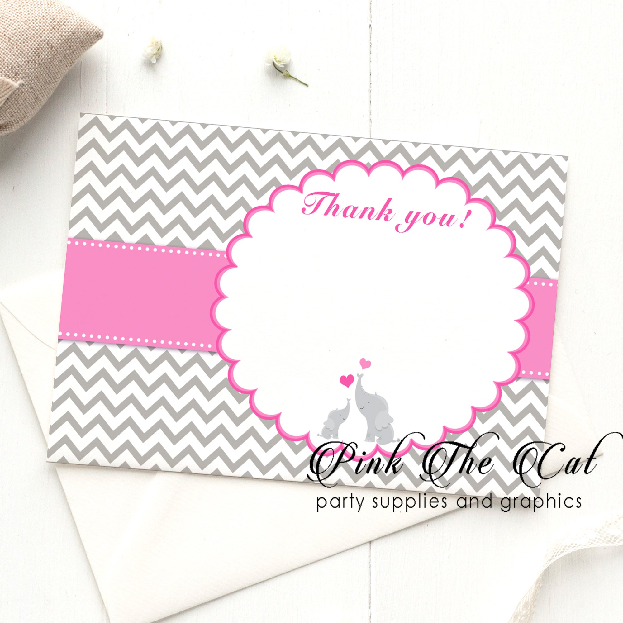Elephant pink silver thank you card girl baby shower (set of 30)