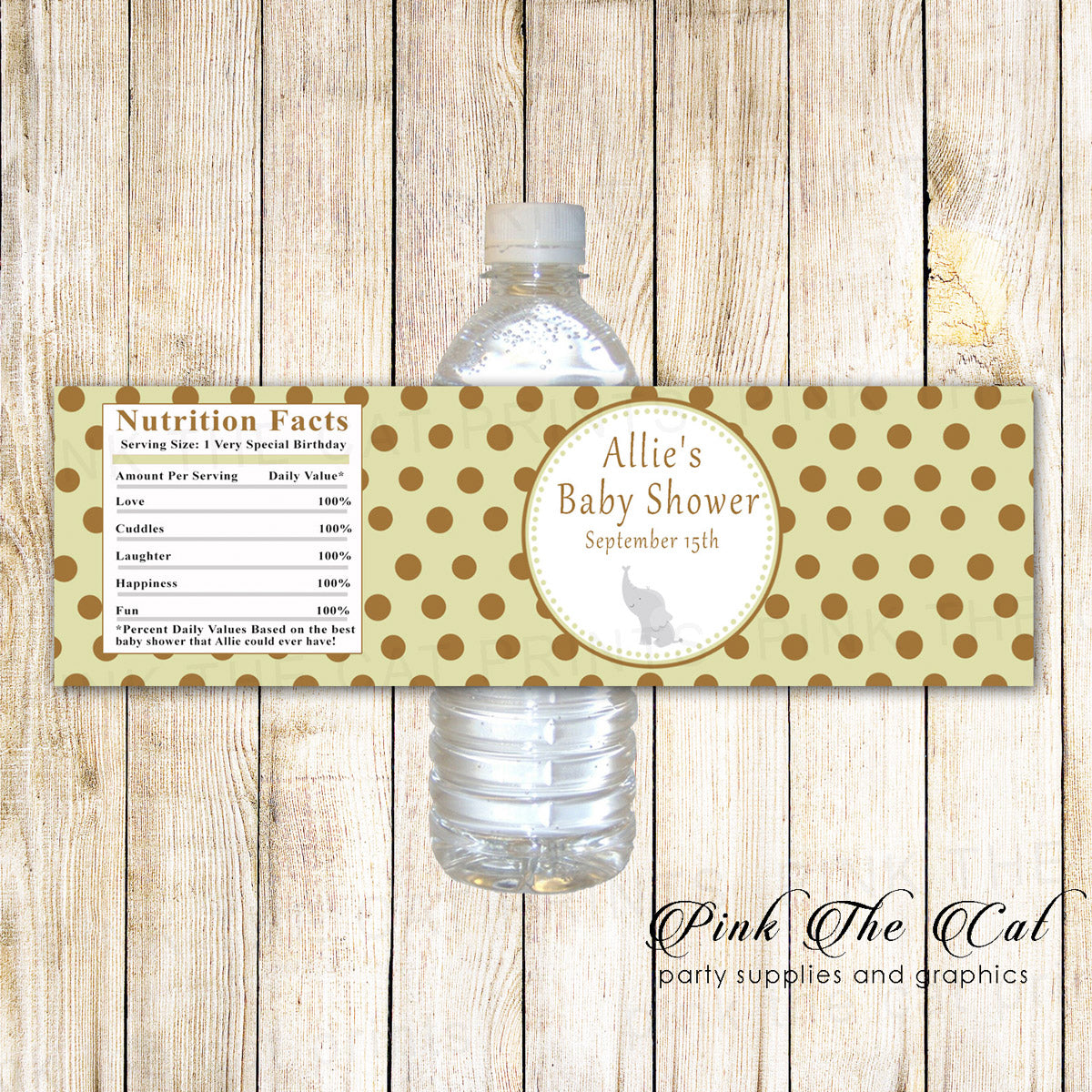 30 Bottle Labels Elephant Brown Green Birthday Baby Shower