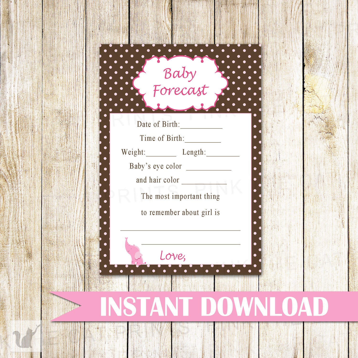 Baby Forecast Advice Card Baby Girl Shower Elephant Pink Brown